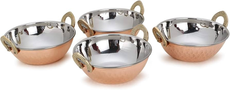 ® Set of 4, Indian Copper Serveware Karahi Vegetable Dinner Bowl with Solid Brass Handle for Ind... | Amazon (US)
