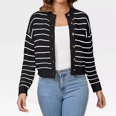 Women's Striped Cropped Cardigan with Front Button Down - Sweater Knit Outerwear for Everyday Wear,Black - L | Target
