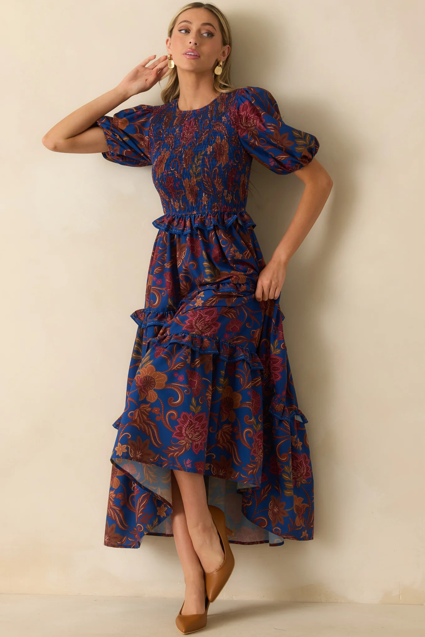 In The Meantime Navy Multi Floral Print Puff Sleeve Maxi Dress | Red Dress