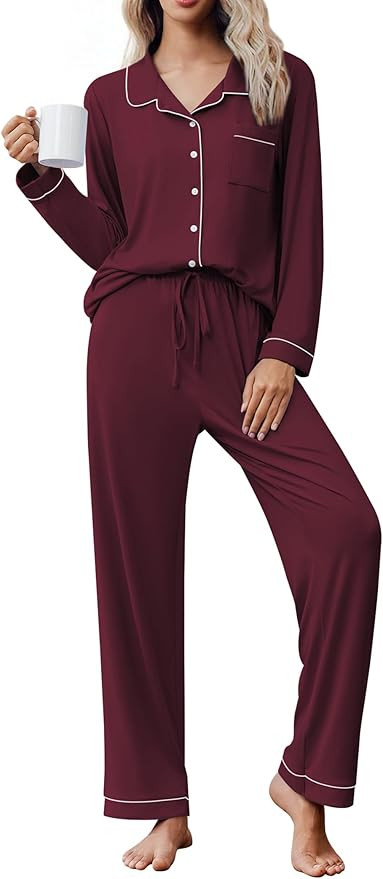 Ekouaer Pajama Sets Women Classic Long Sleeve Button Down Sleepwear Soft Pjs Lounge Sets | Amazon (US)