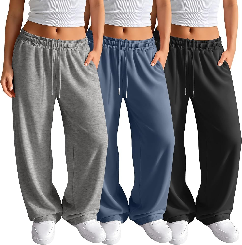 Locoowai 3 Pack Womens Wide Leg Sweatpants Casual Baggy Pants | Amazon (US)
