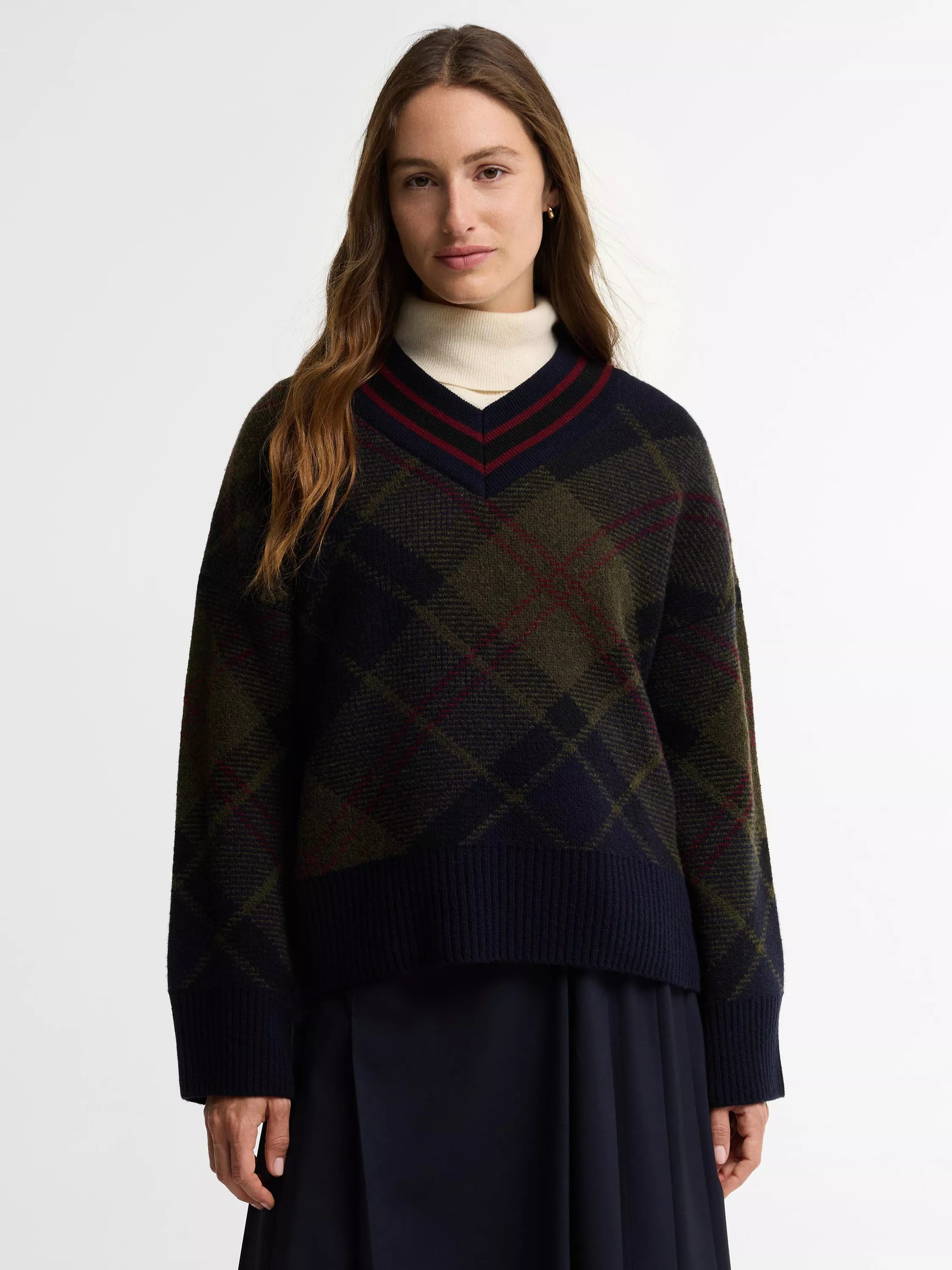 Barbour Shae V-Neck Tartan Wool Blend Knit Jumper, Shadow Class Tartan | John Lewis (UK)