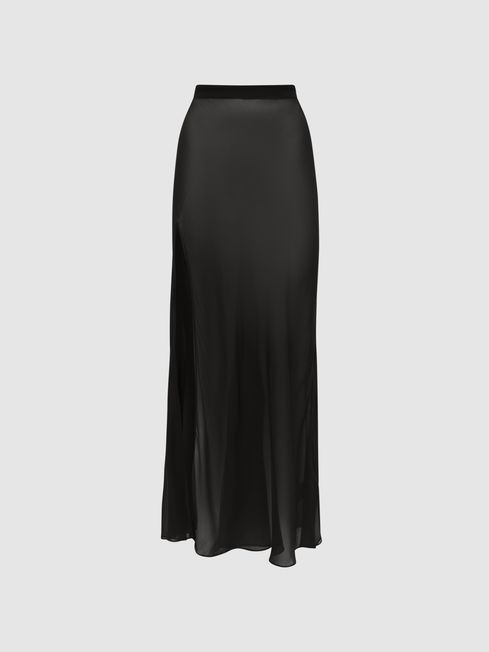 Reiss Black Casey Sheer High Rise Midi Skirt | Reiss UK