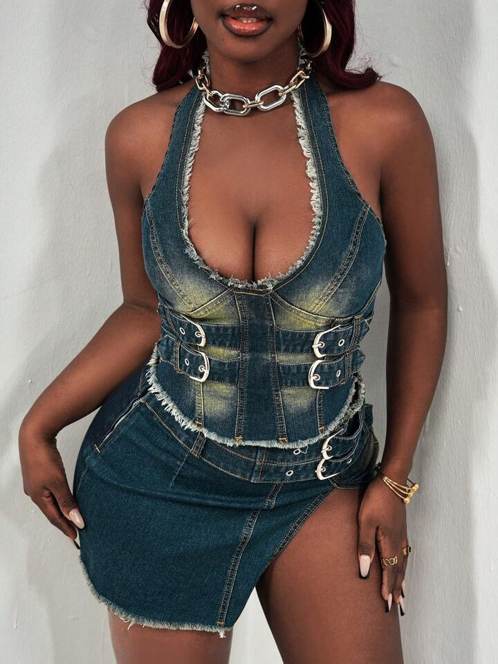 Slaydiva Women's Denim Tops Sexy Tight Elastic Halter Neck Cropped Tops Green Valentine Day Tops ... | SHEIN