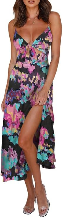 Dokotoo Womens 2023 Summer Floral Print Spaghetti Strap Sundress V Neck Tie Front Maxi Dress | Amazon (US)