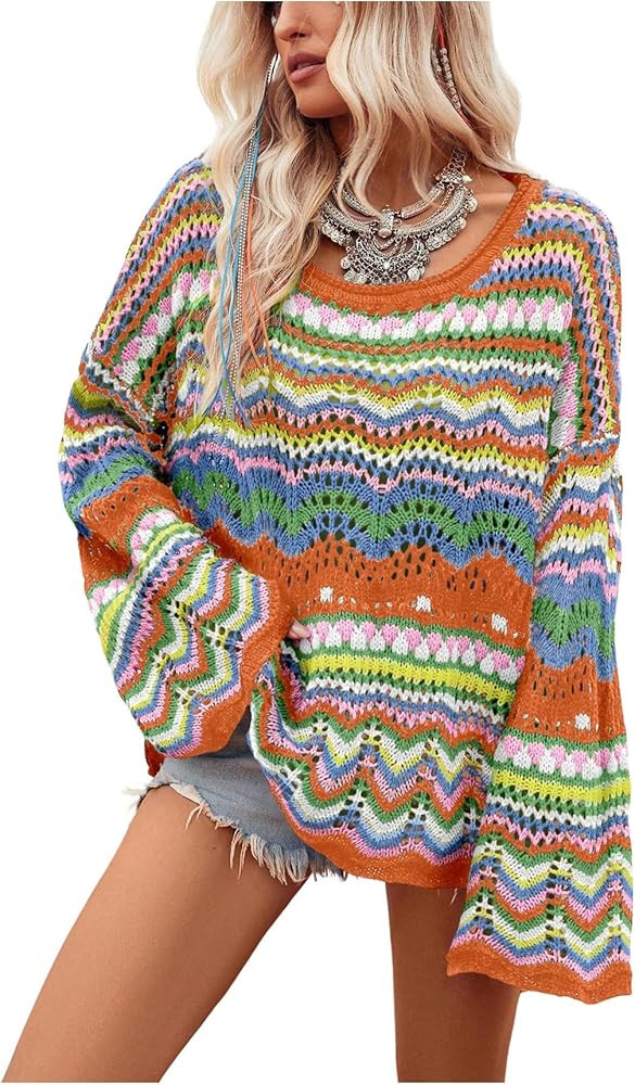 COZYEASE Women's Oversized Sweater Colorblock Long Sleeve Drop Shoulder Round Neck Pullover Sweat... | Amazon (US)