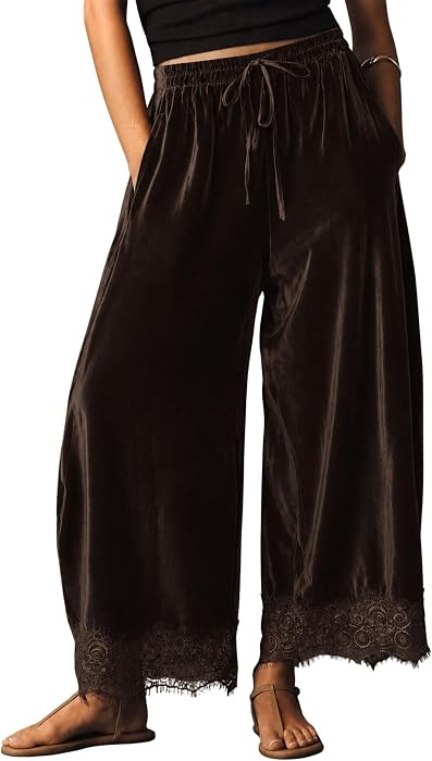 Lviefent Womens Lace Hem Velvet Pants Drawstring Casual Balloon Trousers | Amazon (US)