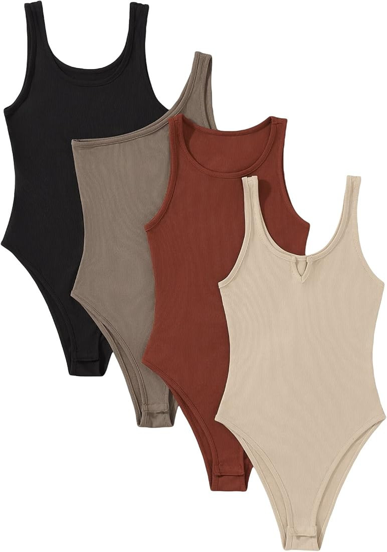 MakeMeChic Women's 4 Piece Sexy Bodysuits Casual Solid Sleeveless Ribbed Knit Shapewear Tank Top ... | Amazon (US)