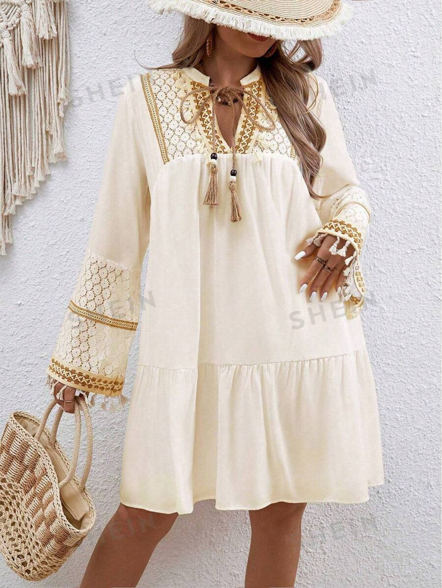 SHEIN VCAY Women's Plus Size Lace Patchwork Fringed Tie Neck Rag Doll Dress | SHEIN