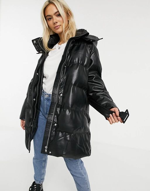 ASOS DESIGN leather look belted puffer jacket in black | ASOS (Global)