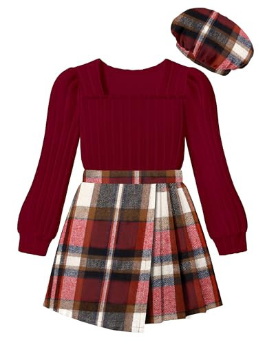 NECIOUS Girls Christmas Outfit for Girls Clothes Size 12 14 Christmas Outfits Puff Sleeve Red Shirt Plaid Mini Skirt Set Teen Clothing Sets Dress | Amazon (US)