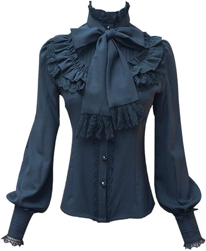 Smiling Angel Chiffon Ruffle Lace Bow Tie Vintage Gothic Lolita Casual Shirt Blouse | Amazon (US)