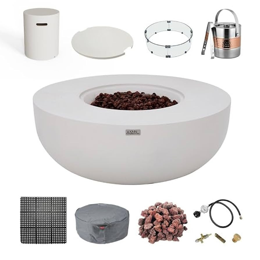 AMS Creations | Eclipse 44" Bundle Round Cast Concrete Propane Gas Fire Pit Bowl Table | Cream Wh... | Amazon (US)