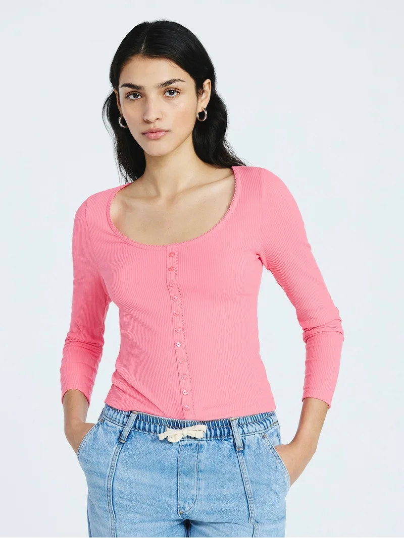 Scoop Women’s Lace Trim Scoop Neck Ribbed Tee with Long Sleeves, Sizes XS-XXL | Walmart (US)