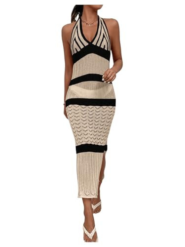 Milumia Women's Colorblock Crochet Cover Up Dress V Neck Backless Long Beach Dresses Apricot Medium | Amazon (US)