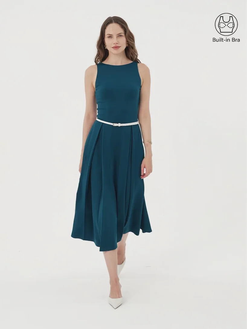 Boatneck Pleated Fit-and-Flare Midi Bra Dress with Pockets | OGLmove