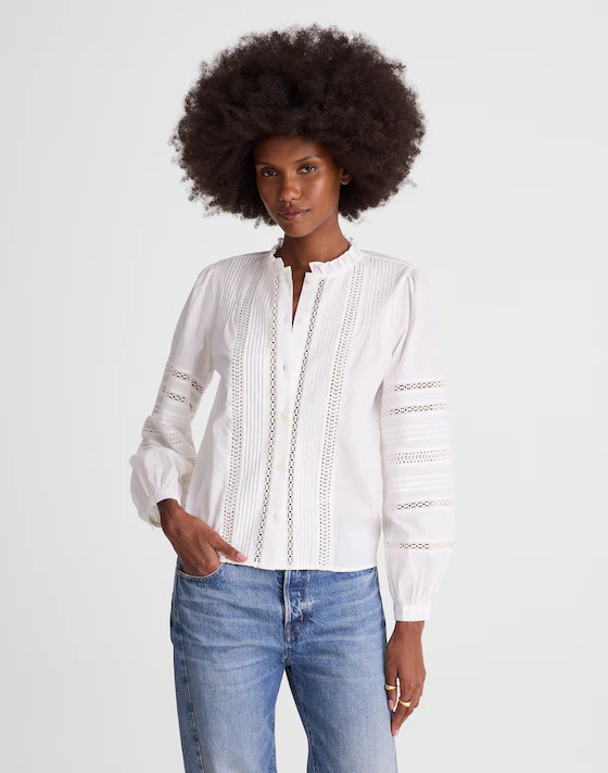 Lace-Insert High-Neck Pintuck Top | Madewell
