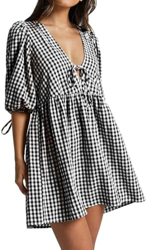 Women's Gingham Puff Sleeve Tie Front Babydoll Mini Dress | Amazon (US)