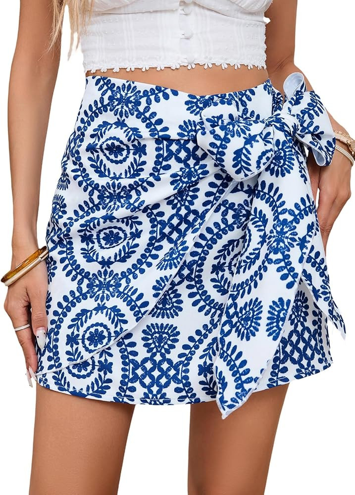 Milumia Women's Summer Boho Wrap Mini Skirt Allover Print High Waisted Knot Side Short Vacation B... | Amazon (US)