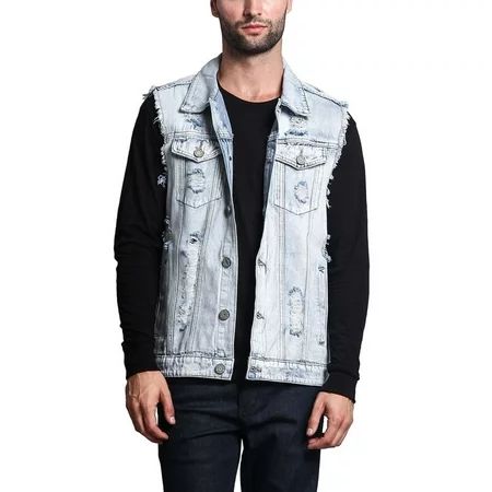 Victorious Men s Classic Distressed Biker Denim Jean Vest DK101 - Light Indigo - Large | Walmart (US)