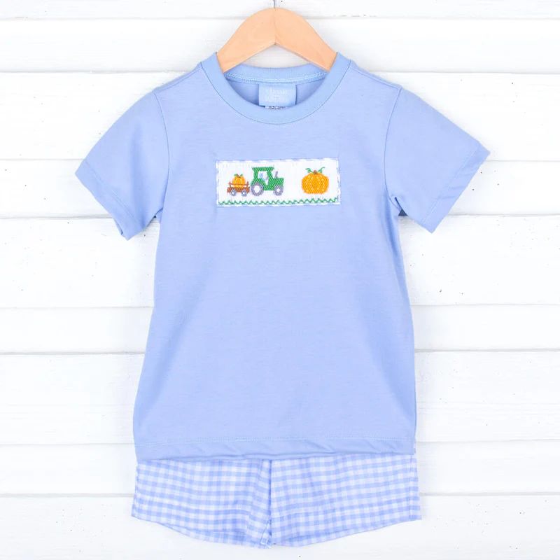 Pumpkin Hayride Blue Check Smocked Short Set | Classic Whimsy