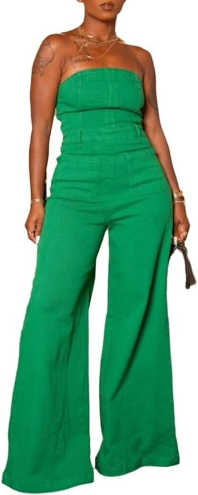 Tube Top Wide Leg Jumpsuits for Women Back Zip Up One Piece Green Jumpsuit Women Sexy Outfits | Amazon (US)