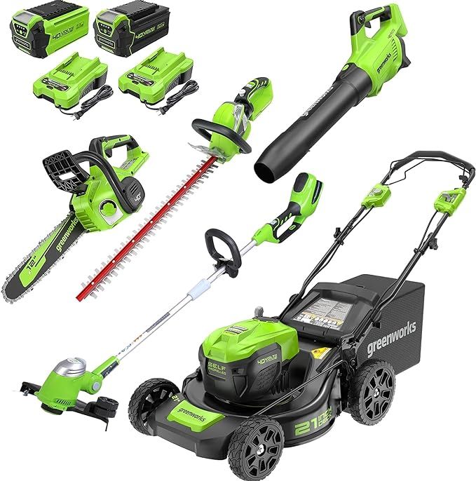 Greenworks 40V 21" Cordless Self-Propelled Lawn Mower,(500 CFM/120 MPH) Axial Leaf Blower,13" Str... | Amazon (US)