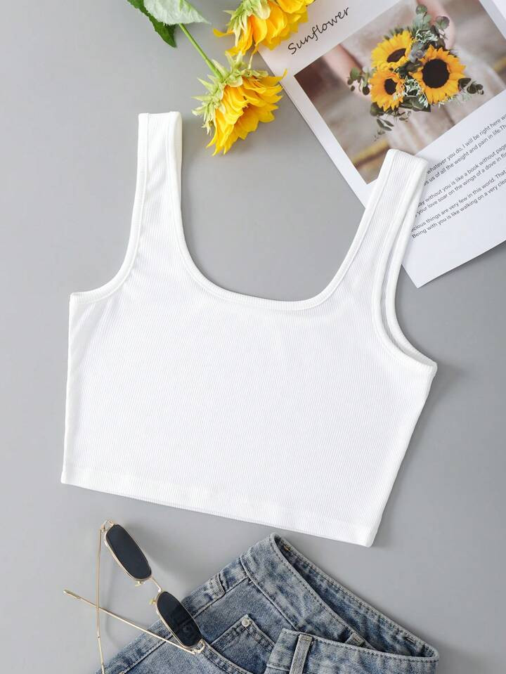 SHEIN EZwear Solid Scoop Neck Crop Wide Strap Top | SHEIN