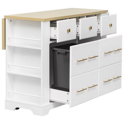 Whisen Kitchen Island with 6 Drawers, Pull - Out Trash, 5 Rolling Wheels, Drop Leaf & Racks - White | Target