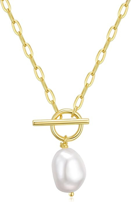 Baroque Pearl Pendant Necklaces for Women, 14K Gold Sliver Plated Adjustable Chain Toggle Clasp N... | Amazon (US)