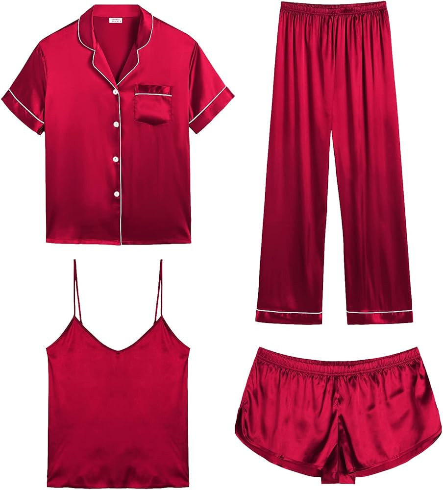SWOMOG Womens Silk Satin Pajamas Sets 4pcs Sleepwear Sexy Cami Shorts Set and Button Down Short S... | Amazon (US)