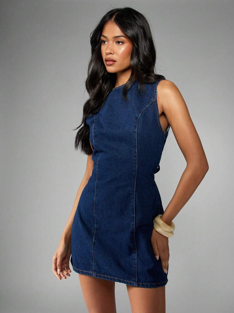 MISSGUIDED Sleeveless Denim Mini Dress Back Tie Waist Detail Statement Fashion Fitted Shift Style... | SHEIN