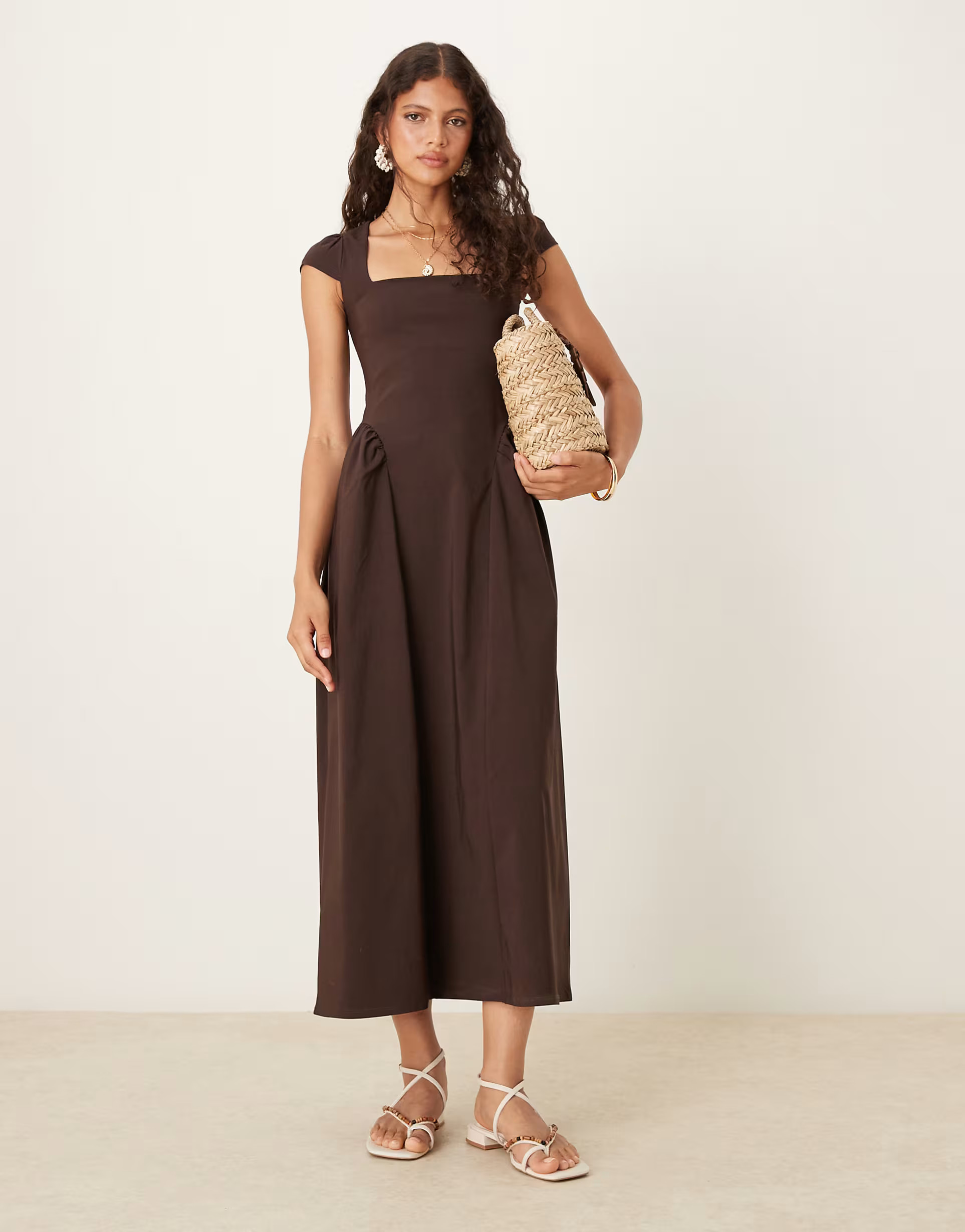 ASOS DESIGN square neck midi sundress with cap sleeves in chocolate - BROWN | ASOS (Global)