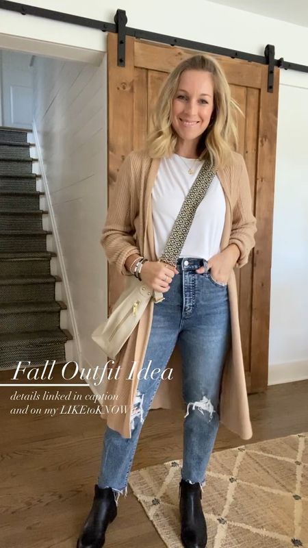Great Fall Trend outfit idea: Black ankle booties, camel duster cardigan, distressed jeans and a basic white tee. **All are true to size and this cardigan is so soft with the best detail and sleeves! 
Also…this bag 🤗

#LTKSeasonal #LTKstyletip #LTKsalealert
