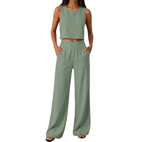 Amazon.com: 100% Cotton Sets for Women Linen Lounge Sets for Women Two Piece Wide Leg Pants and S... | Amazon (US)