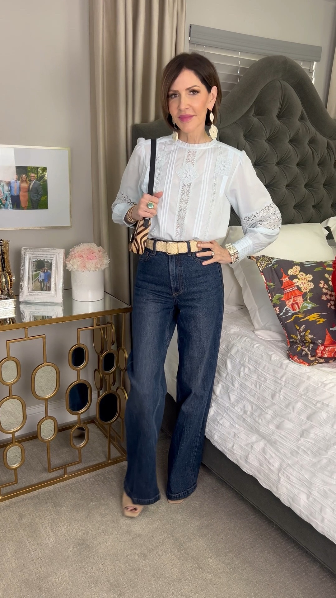 eyelet blouse, wide leg jeans, suede heels, spring outfit, over 50 outfits 

#LTKOver40 #LTKgrwm #LTKootd