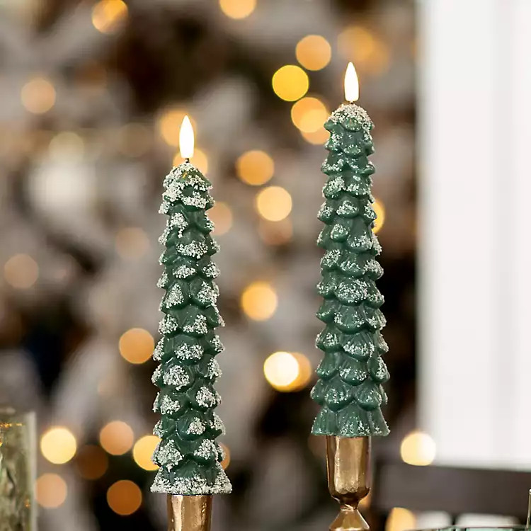 LED Flocked Tree Taper Candles, Set of 2 | Kirklands Home | Kirklands