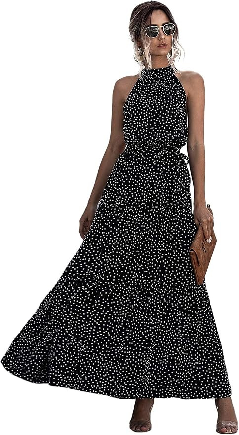 Floerns Women's Sleeveless Halter Neck Vintage Floral Print Maxi Dress | Amazon (US)