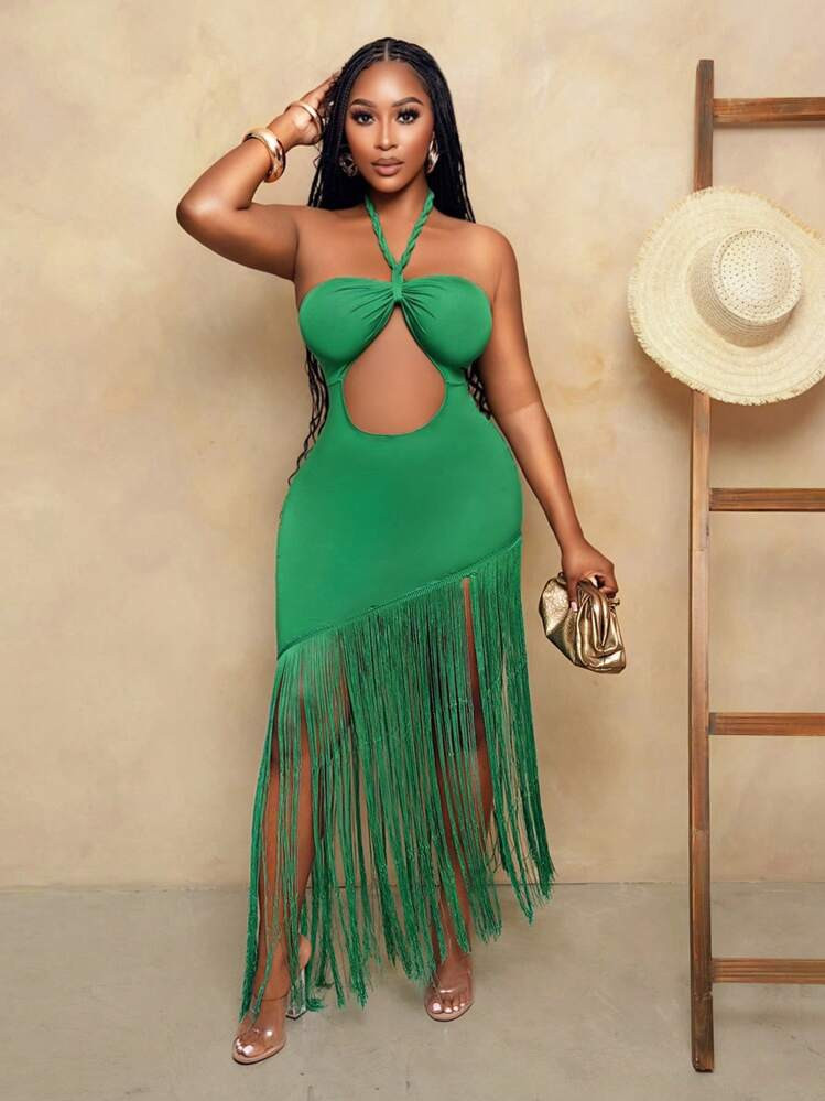 BamGleam This Summer Halter Top Dress With A Sexy Cutout Design And Asymmetrical Tight-Fitting Hips Is Perfect For A Beach Vacation. The Hem Is Adorned With Tassels | SHEIN