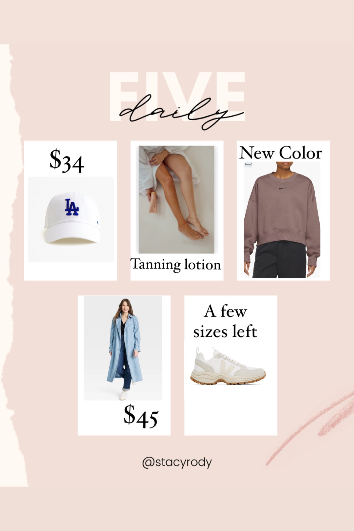 Daily 5 deals and trends 
Denim trench 
Nike sweatshirt 
Self-tanner 
Veja sneakers 
Sale items 

#LTKstyletip #LTKfindsunder100 #LTKfindsunder50