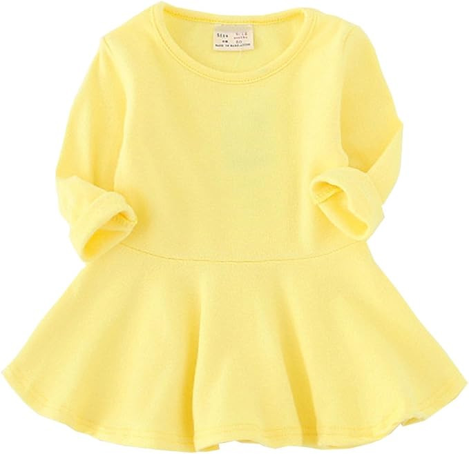 Toddler Baby Girls Long Sleeve Cotton Dress Solid Ruffle Tops | Amazon (US)