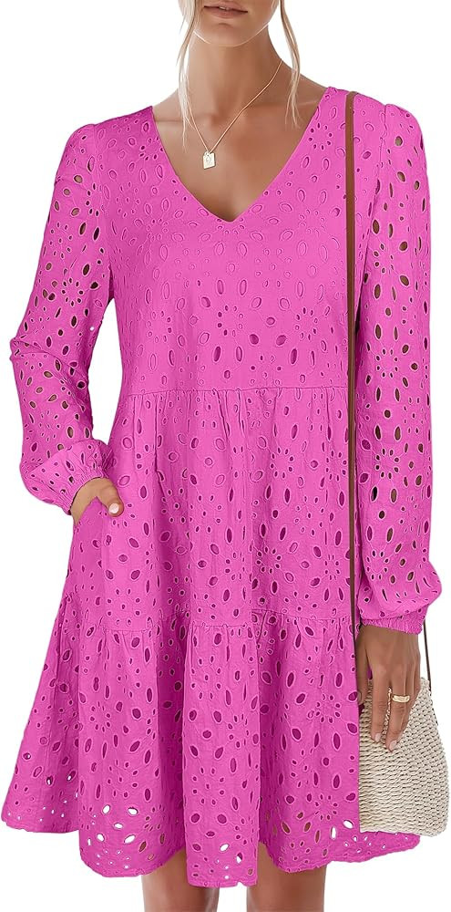 ANRABESS Long Sleeve V Neck Dresses for Women Eyelet Hollow Out Business Casual Tiered 2026 Fall ... | Amazon (US)