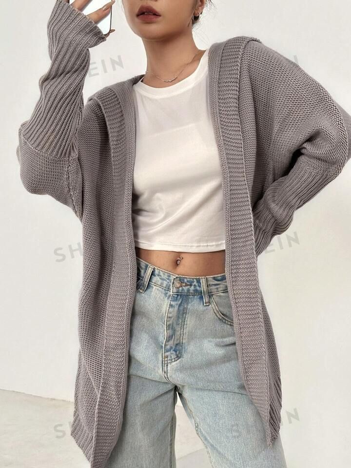 SHEIN EZwear Drop Shoulder Open Front Hooded Cardigan | SHEIN
