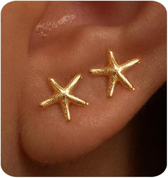 MUMREUES Gold Earrings for Women Trendy 14K Gold Plated Small Starfish Stud Earrings Dainty Light... | Amazon (US)