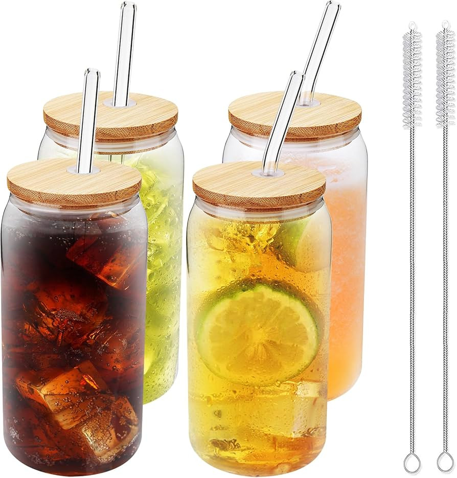 4 Set Glass Cups with Bamboo Lids and Straws, 20oz Can Shaped Drinking Beer Glasses, Iced Coffee ... | Amazon (US)