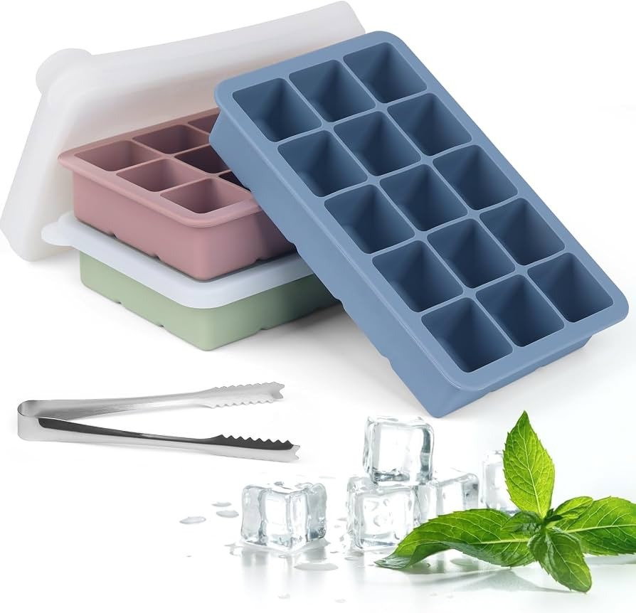 2024 Newest Ice Cube Tray with Lid and Tong, 3 Packs 45 Cubes, Silicone Ice Cube Trays Large Reus... | Amazon (UK)