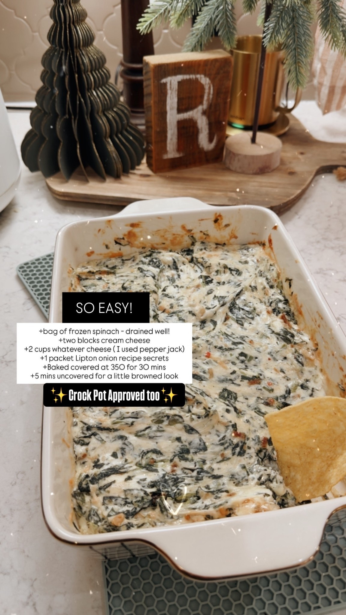 RECIPE!✨
1 Bag frozen spinach - DRAINED WELL
2 Cups Shredded Cheese (I used pepperjack)
2 Blocks Cream Cheese
1 Packet Lipton Onion Seasoning

BAKE 350 COVERED 30 Mins.
Another 10 UNCOVERED to brown. 
Serve with Chips or Crackers.

CROCK POT APPROVED!  

 #LTKfoodie #LTKU