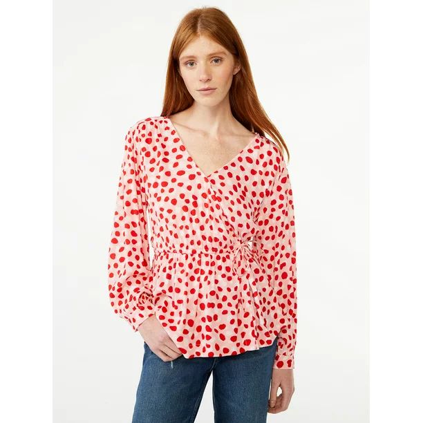Free Assembly Women's Pleated Shoulder Wrap Top with Long Sleeves - Walmart.com | Walmart (US)