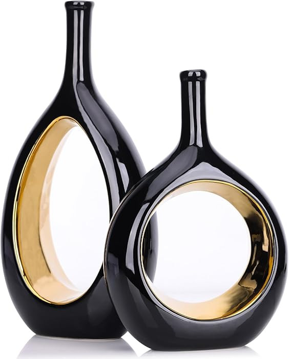Black and Gold Vase Ceramic Black Vases Home Decor,Modern Minimalist Circle with Hole Decorative ... | Amazon (US)