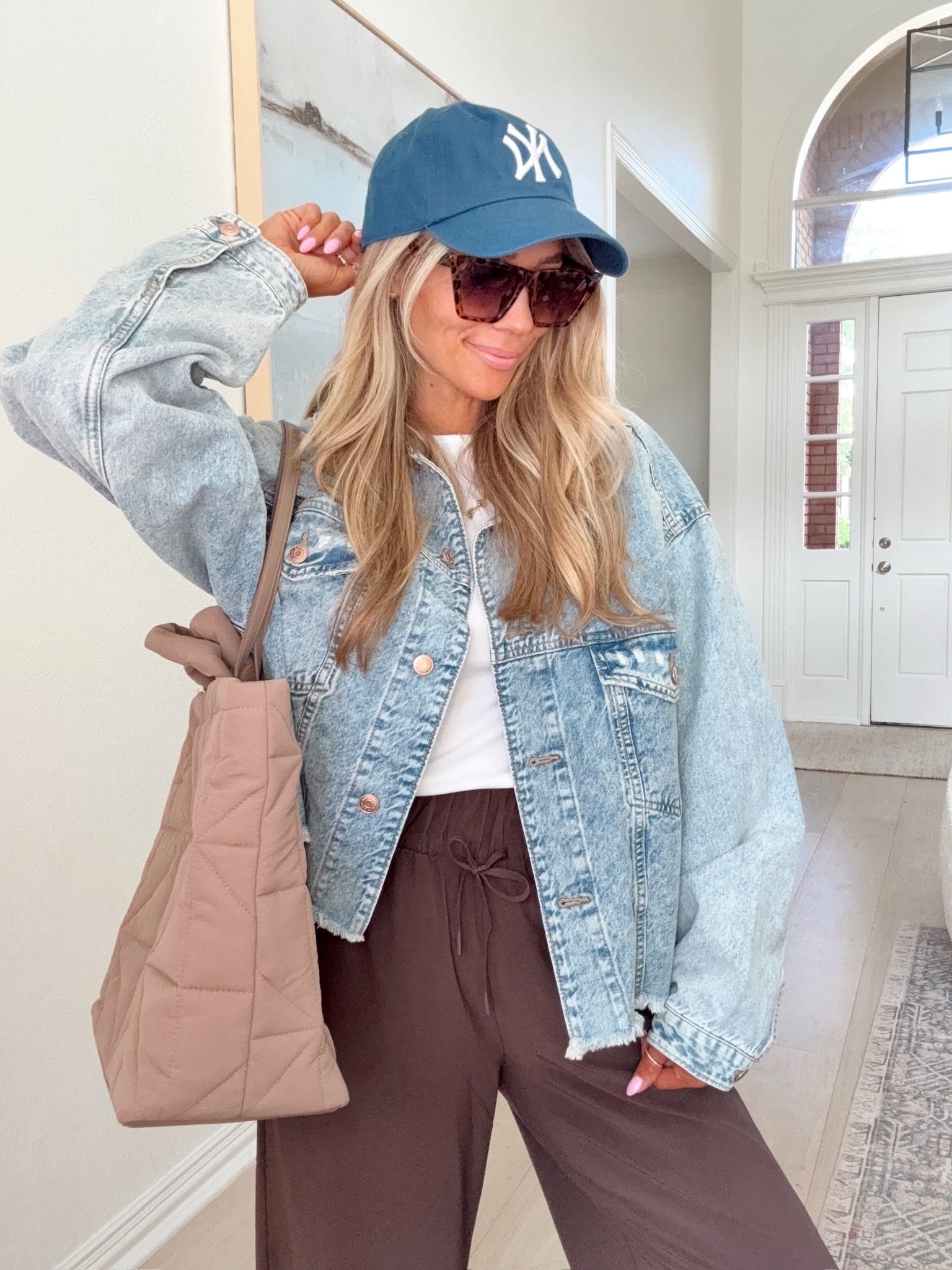 All of the items are from Target! 
Boujeee on a Budget — 
The pants are high rise & so comfortable 🤎 Wearing size s / my tts. 
Denim jacket has an oversized fit to it— wearing size small. 

Hat & sunglasses are perfect accessories for traveling, errands, and sporting events. 

#LTKItBag #LTKTravel #LTKStyleTip